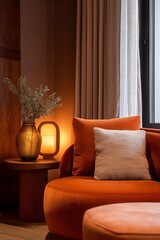 Warm modern interior with orange accents and golden natural light creating uplifting and creative atmosphere