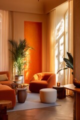 Warm modern interior with orange accents and golden natural light creating uplifting and creative atmosphere