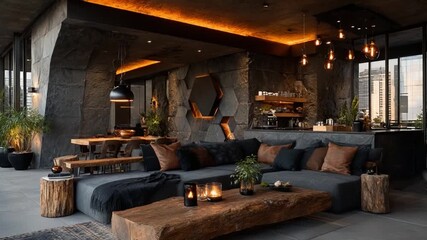 Rustic Interior Design: An alluring interior design, that seamlessly blends rugged stone walls, a wooden table, and modern amenities, illuminated by warm, inviting light.