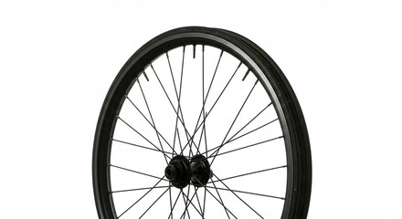 Bicycle wheel with black tire and spokes isolated on white background  