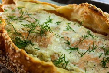 Puff pastry and salmon roll. Baked salmon in dough. Diet. Food concept
