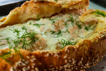 Puff pastry and salmon roll. Baked salmon in dough. Diet. Food concept