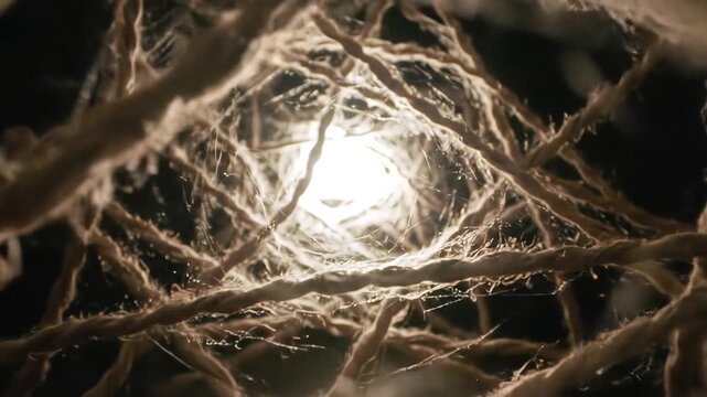 Abstract closeup view of tangled ropes or threads forming a complex illuminated tunnellike structure creating a mesmerizing and intricate visual texture with a bright light source at its center evoki.