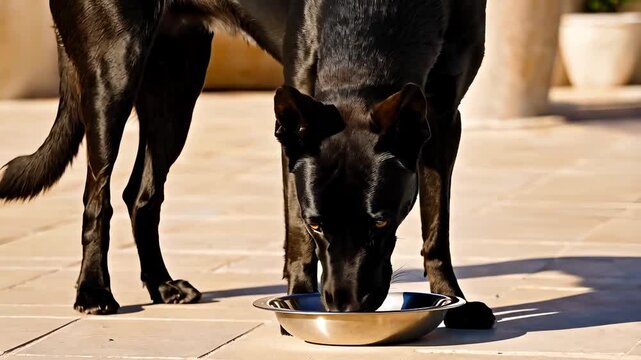 Close-up of black dog drinking from bowl, peaceful home environment. Clean tile floor and dish. Dog enjoying water from bowl. Clean, modern interior with light-colored floor in home setting.