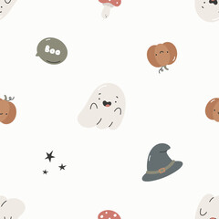 Happy Halloween seamless pattern with cute ghost, pumpkin, witch's hat, fly agaric etc. Flat vector background. Halloween design. Creative texture for fabric, wrapping, textile, wallpaper, apparel.