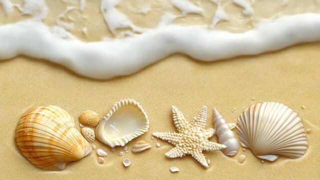 Beach seashells and gentle ocean water background in pastel colors.
