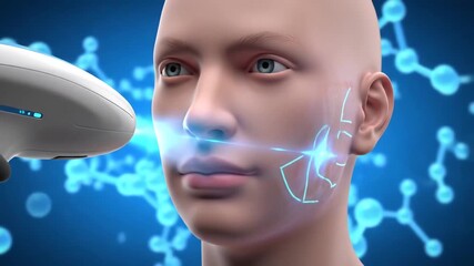 Advanced Facial Scan Technology for Biometric Identification and Medical Diagnostics Showcasing a 3D Human Head Model Undergoing Detailed Analysis with Digital Overlays and Molecular Structures in a . - Powered by Adobe