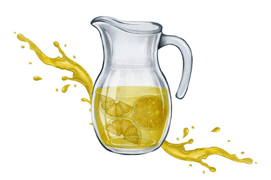 Watercolor illustration of a glass pitcher filled with refreshing lemonade and lemon slices. Hand drawn drink design perfect for summer party decor, cards, menus, posters, and art projects.