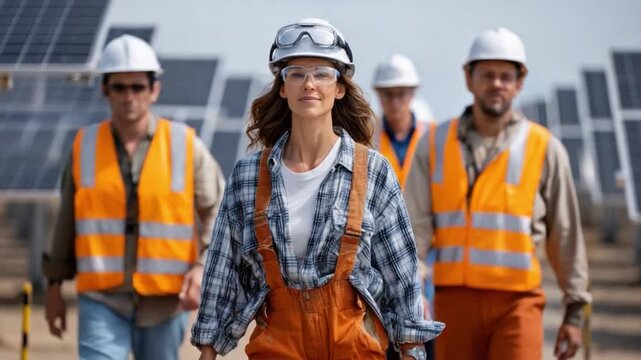 Forward March: A team of construction workers, clad in safety gear, confidently strides forward amidst a backdrop of solar panels, embodying dedication and progress.
