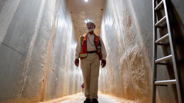 Engineer's Inspection: An engineer, illuminated by overhead lights, navigates a cavernous space, evaluating structural integrity with a keen eye.