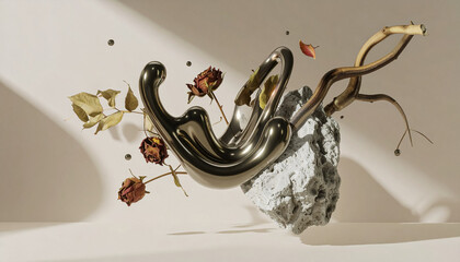 Minimal Nature and Metallic Abstract Sculpture on Beige Background