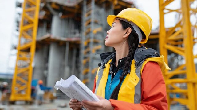 Construction Inspector's Oversight: A focused construction inspector, armed with blueprints, surveys the ongoing construction site, highlighting commitment to quality control and project management.