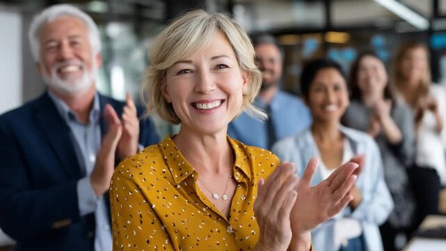 Enthusiastic Applause: A multi-ethnic group of people celebrates a shared success or a moment of achievement, applauding with warmth and enthusiasm, radiating a collective feeling of unity.
