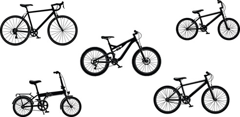 Black silhouette vector illustration, road bike, BMX bicycle, mountain bike, folding bike, hybrid city bicycle, cycling transport, vehicle clipart, line art