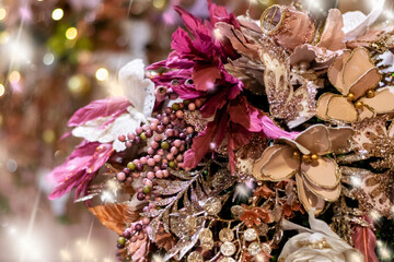 Sparkling winter bouquet Christmas background, selective focus