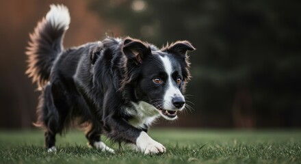 Fototapeta premium Border collie dog walking on the grass in a park on a sunny day