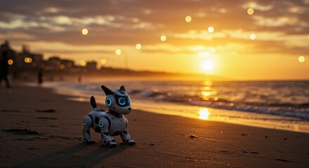 Obraz premium A futuristic robot dog stands on a sandy beach at sunset, creating a serene scene