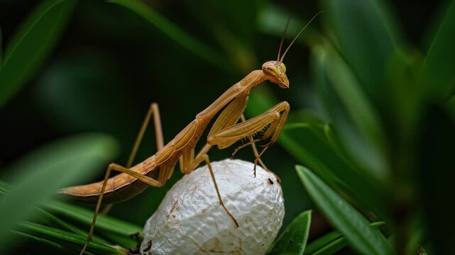 Praying mantis perched on white ootheca surrounded by green foliage