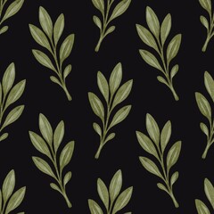Seamless pattern with mystical green leaves on black background. magical herbs. Perfect for Halloween design, witchcraft, fabric, wrapping paper, cards, wallpaper and invitations.