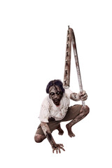 Portrait of an Indonesian southeast asian scary male zombie with a wound and blood on body holding a rusty iron bar isolated over a white background. Spooky expression. Concept of Halloween or Horror
