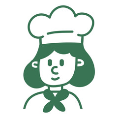 Cartoon doodle line illustration of a female chef character. Hand drawn cooking concept with simple doodle line style. Perfect for culinary, restaurant, and food logo design themes.