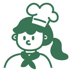 Cartoon doodle line illustration of a female chef character. Hand drawn cooking concept with simple doodle line style. Perfect for culinary, restaurant, and food logo design themes.