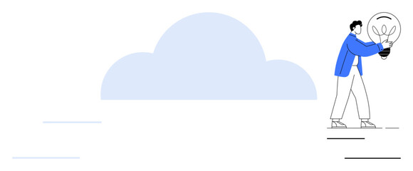 Individual carries light bulb in front of cloud emphasizing creativity, technology. Ideal for innovation, cloud technology, teamwork, vision, growth, future, simple flat metaphor