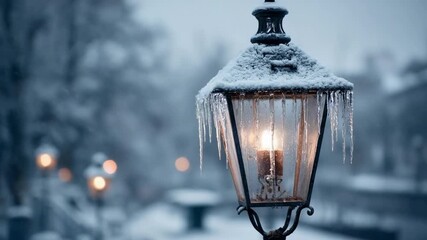A vintage lantern-style street lamp in a snowy scene, icicles hanging from the glass as a warm glow lights a winter night.