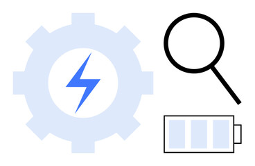 Gear with lightning for power efficiency, battery for energy storage, magnifying glass for analysis. Ideal for productivity, innovation, energy management, optimization, research, and technology a