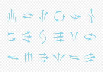 Set of arrow flow air icon set. Wind direction arrow symbol. Transparent background vector and PNG