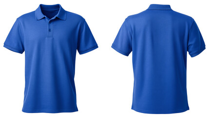 vivid blue polo shirt mockup front and back view isolated on white background for brand presentation
