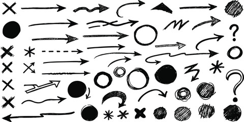 Hand drawn black arrow pointing left with cross and squiggle graphic elements