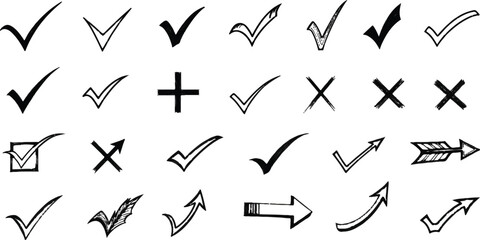 Hand drawn check mark symbol in black on white background design element