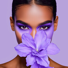  female model with purple eyeshadow and eyeliner holding a flower in front of his face