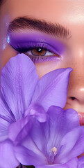  female model with purple eyeshadow and eyeliner holding a flower in front of his face