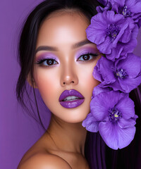  female model with purple eyeshadow and eyeliner holding a flower in front of his face