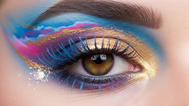artistic colorful eye makeup glitter closeup