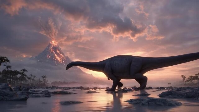 A long-necked sauropod stands in shallow water at sunset, with a volcanic mountain glowing in the distance.