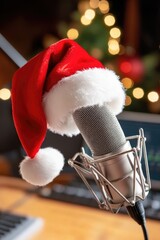 Festive microphone with santa hat against defocused holiday lights in cozy studio