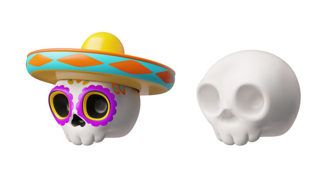 Calavera painted sugar skull in sombrero hat, vector realistic 3D Mexican Dia de Los Muertos Day of the dead decoration