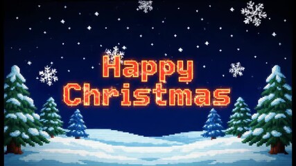 Happy Christmas pixel art animation in snowy landscape with glowing text and falling snowflakes for winter greetings footage. - Powered by Adobe