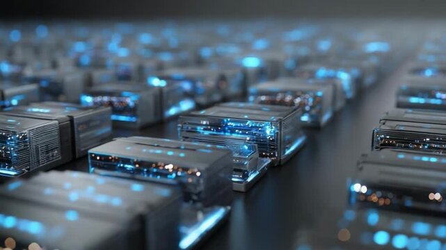 Rows of blue-lit server racks in a data center