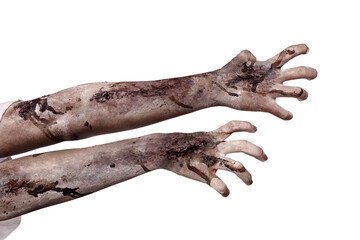 The zombies hand with wounds and blood try to reach something isolated over a white background. Zombie, devil, evil, satan, or monster hand. Concept of Halloween or Horror