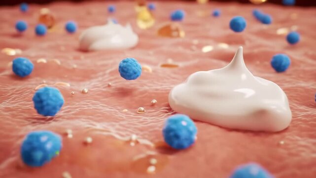 Close up view of skin surface with various cosmetic products being applied and absorbed showing the process of skincare and beauty treatment.