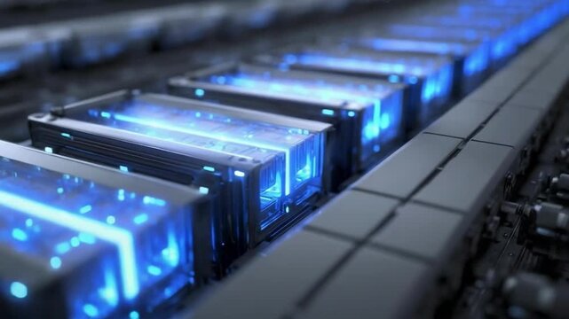 Blue-lit server blades lined up in a data center rack.