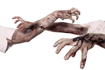 The zombies hand with wounds and blood try to reach something isolated over a white background. Zombie, devil, evil, satan, or monster hand. Concept of Halloween or Horror