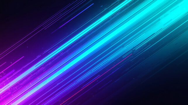Abstract diagonal streaks of neon blue and purple light trails on a dark background