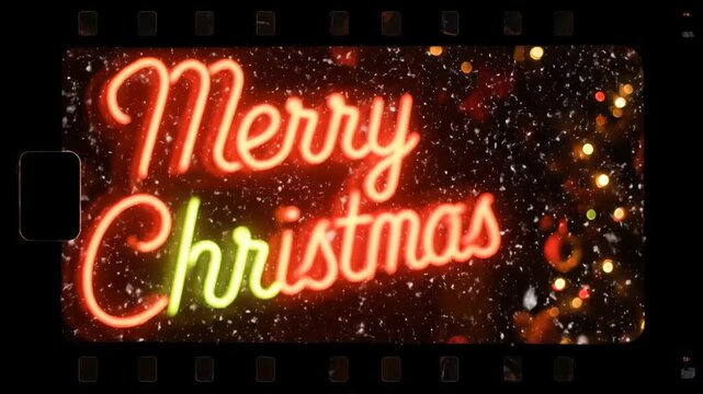 Glowing neon Merry Christmas sign with falling snow against a bokeh background, festive holiday animation footage - Powered by Adobe