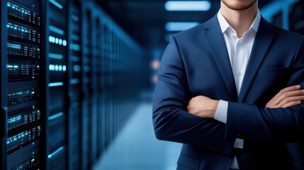 Professional standing with crossed arms in a blue-lit data center environment surrounded by server racks.