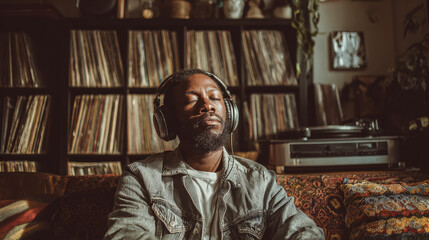 African man listening music wearing headphones with vinyl disks and record player on sofa at home - Retro, vintage and lifestyle concept - Model by AI generative